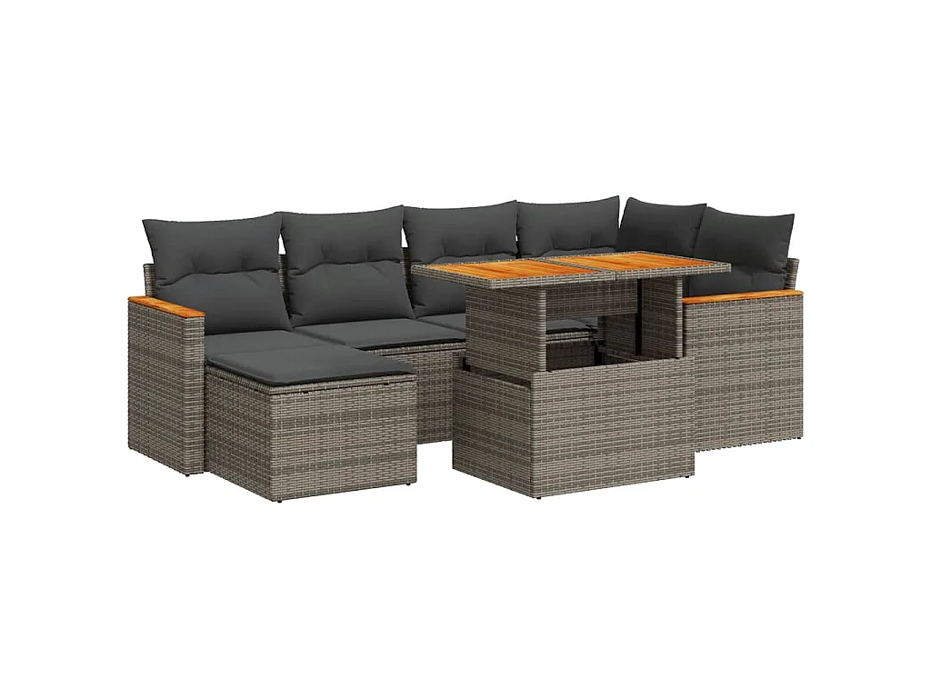 Set Divani da Giardino 7pz con Cuscini Grigio Polyrattan Acacia