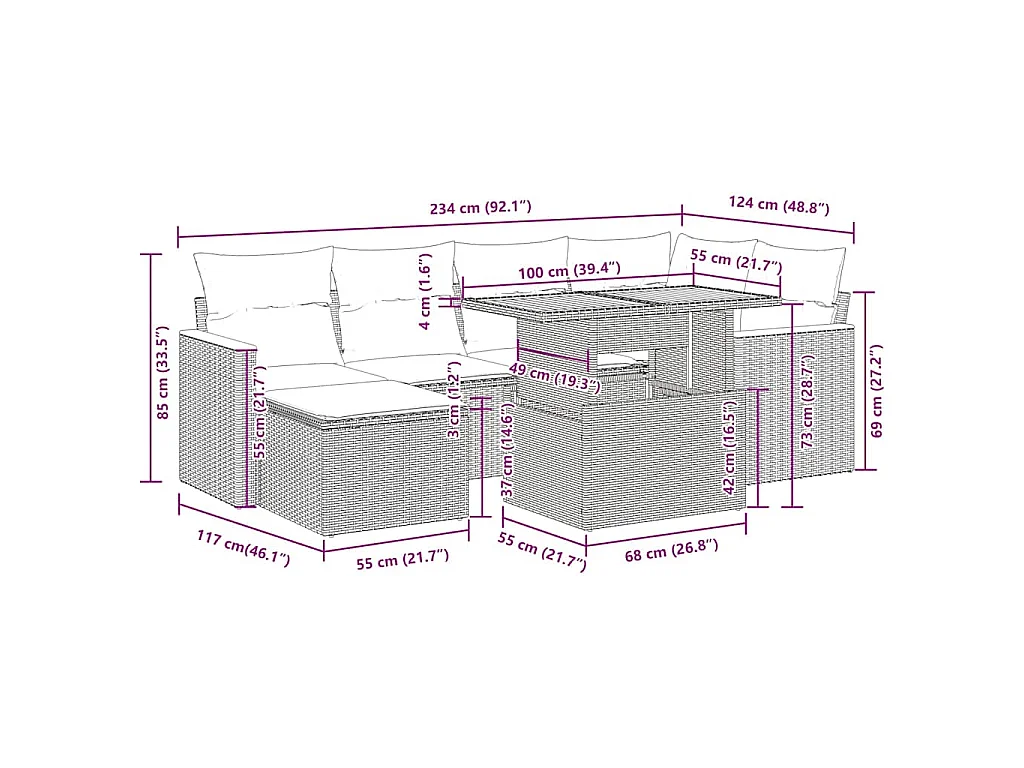 Set Divani da Giardino 7pz con Cuscini Grigio Polyrattan Acacia