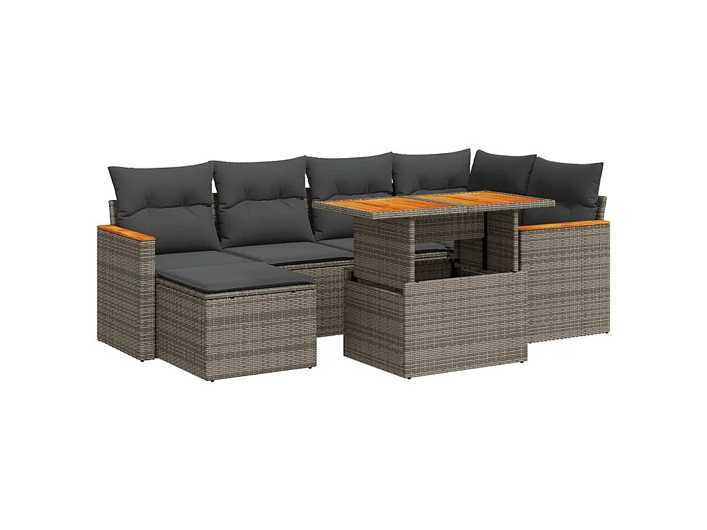 Salon de jardin avec coussins 7 pcs gris résine tressée acacia
