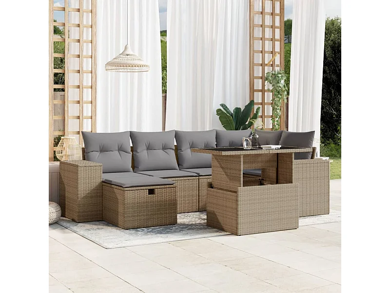 Salon de jardin avec coussins 7 pcs beige résine tressée