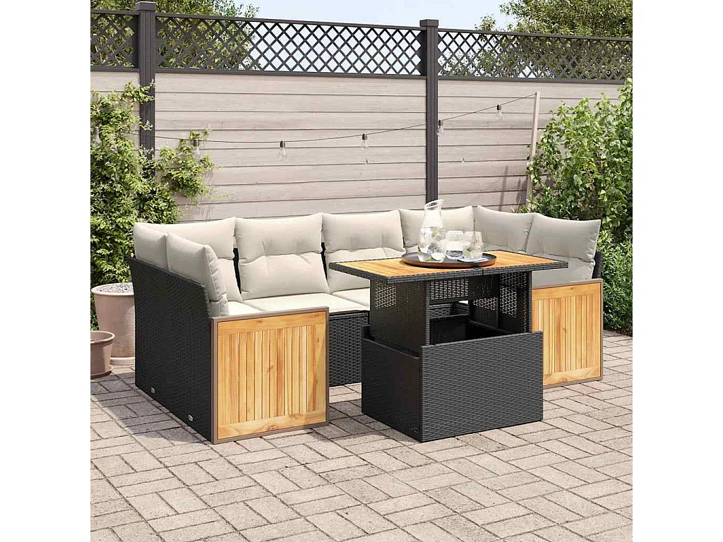 Set Divani da Giardino con Cuscini 7pz Nero Polyrattan Acacia