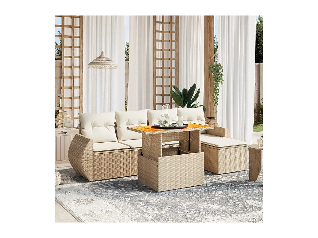 Salon de jardin avec coussins 6 pcs beige résine tressée