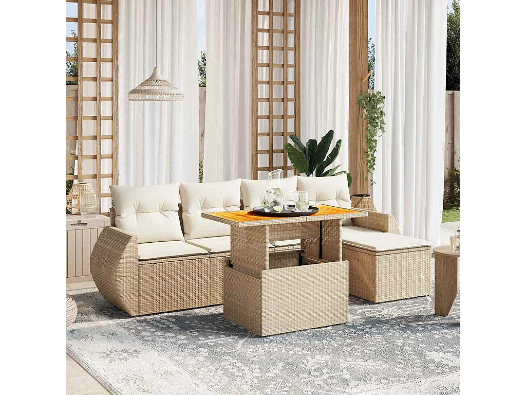 6-tlg. Garten-Sofagarnitur mit Kissen Beige Poly Rattan