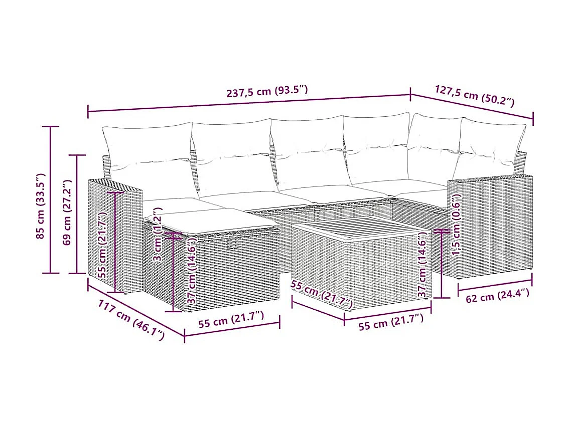7-delige Loungeset met kussens poly rattan zwart