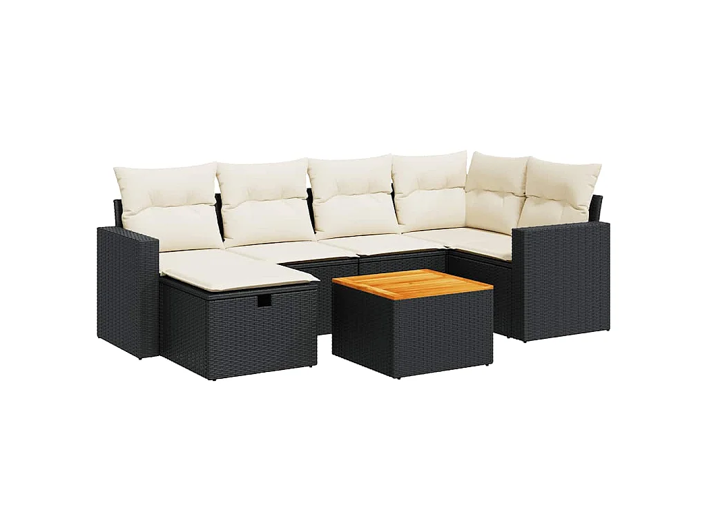 7-tlg. Garten-Sofagarnitur mit Kissen Schwarz Poly Rattan