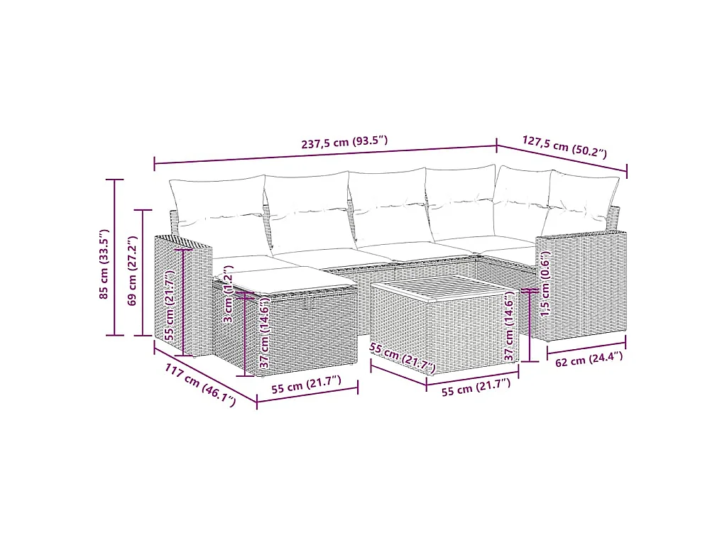 7-tlg. Garten-Sofagarnitur mit Kissen Schwarz Poly Rattan