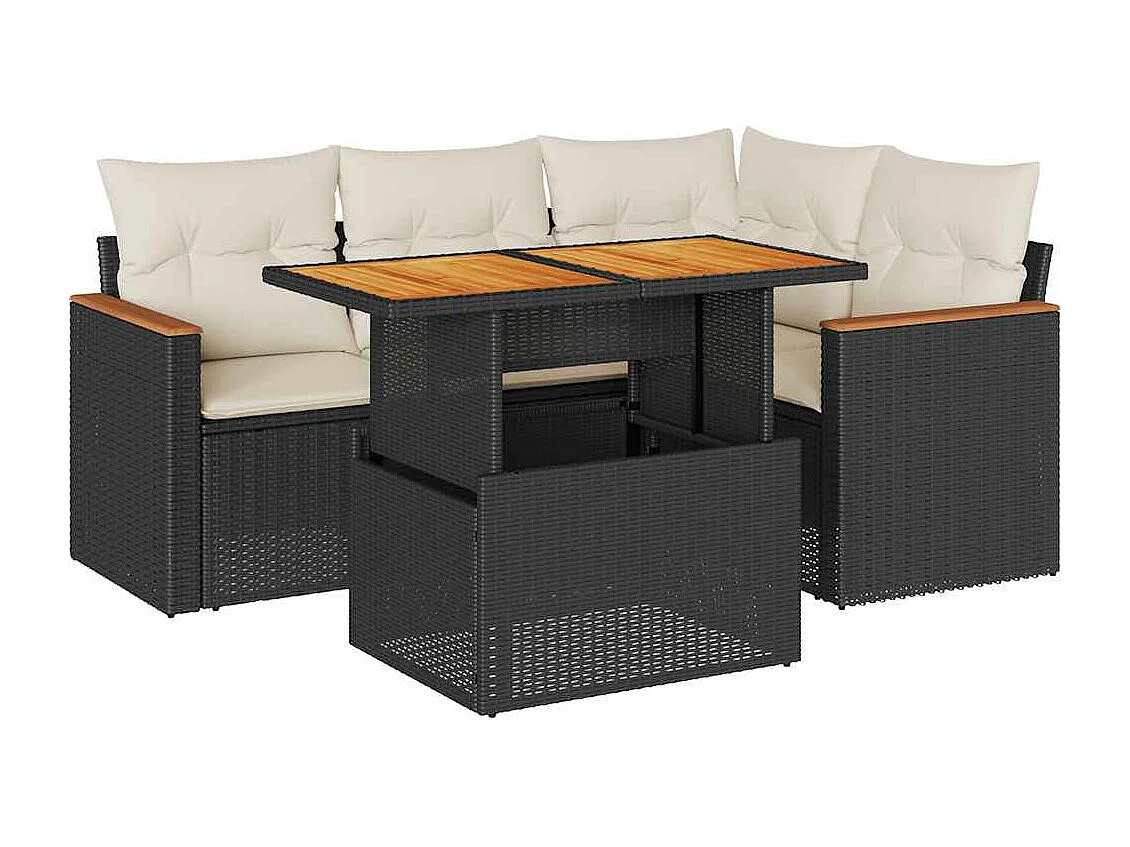 Salon de jardin 5 pcs avec coussins noir résine tressée acacia