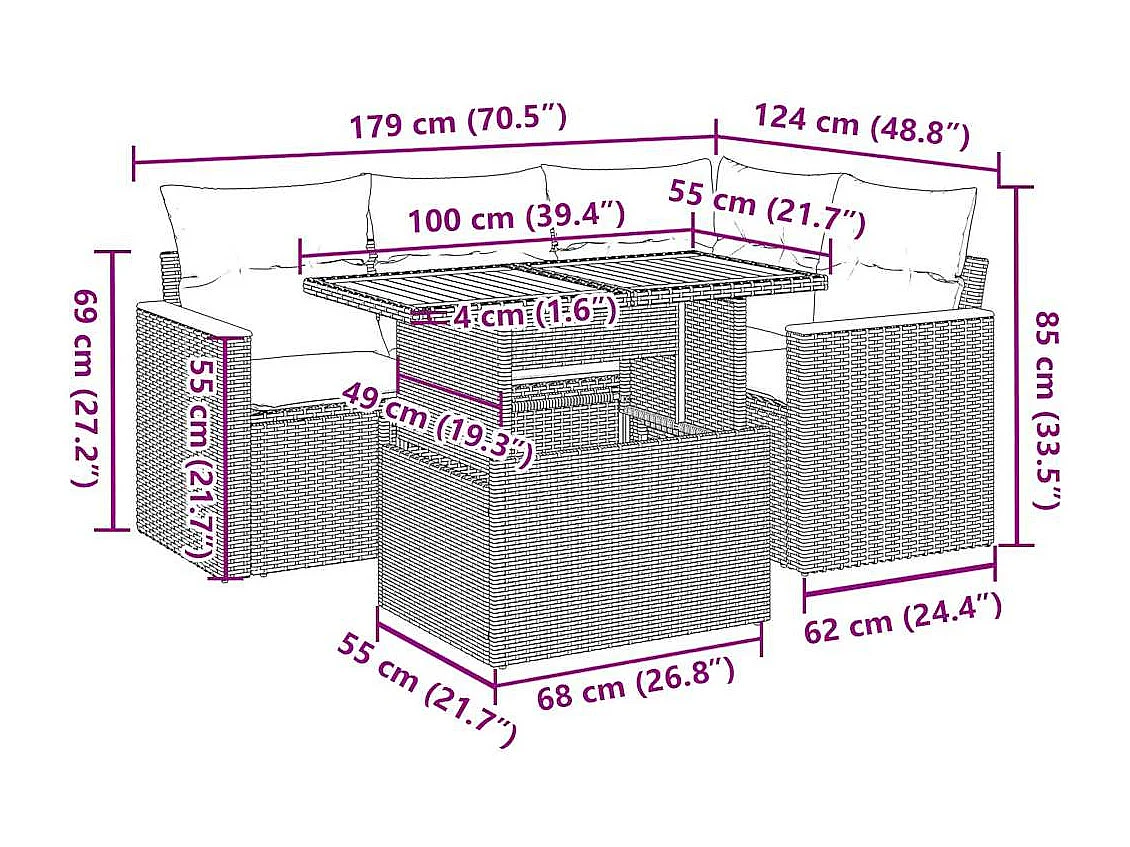 Salon de jardin 5 pcs avec coussins noir résine tressée acacia