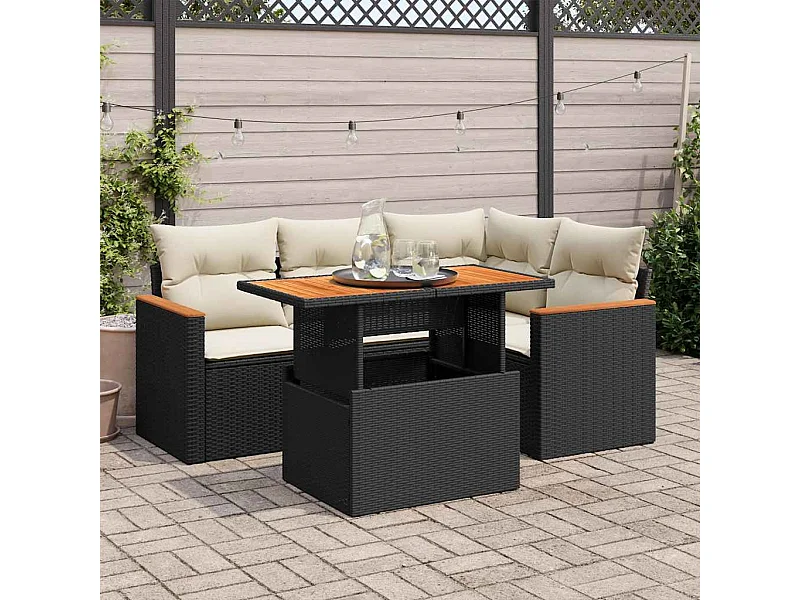 5tlg. Garten-Sofagarnitur mit Kissen Schwarz Poly Rattan Akazie