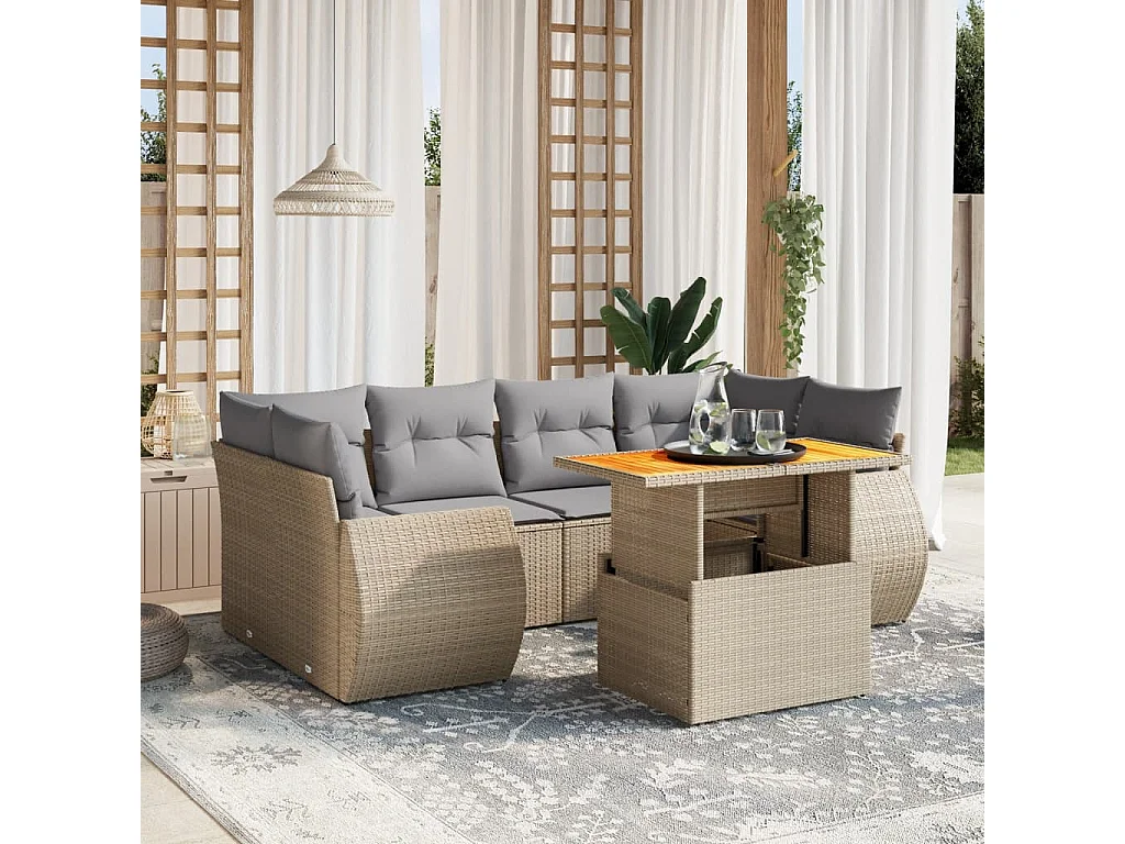 Salon de jardin avec coussins 7 pcs beige résine tressée