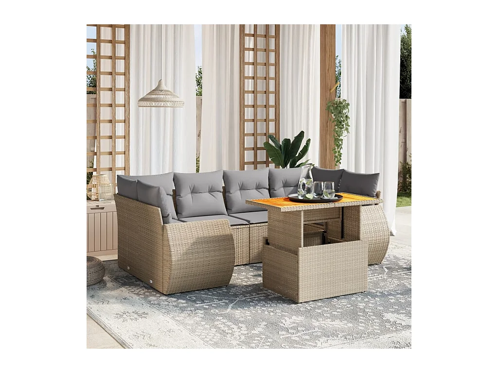 Salon de jardin avec coussins 7 pcs beige résine tressée