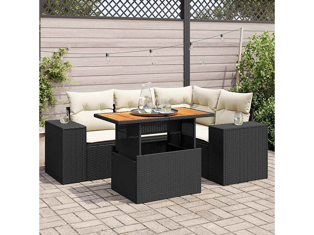 5-tlg. Garten-Sofagarnitur mit Kissen Schwarz Poly Rattan
