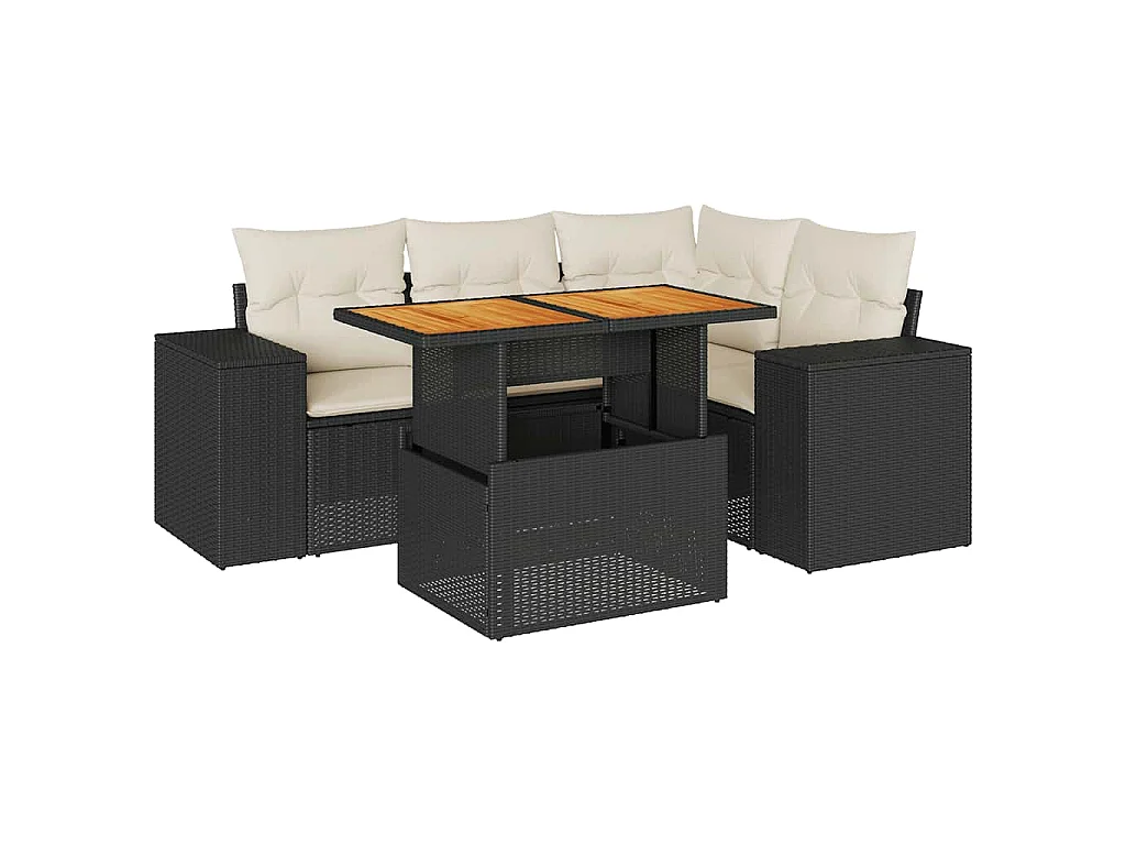 5-delige Loungeset met kussens poly rattan zwart