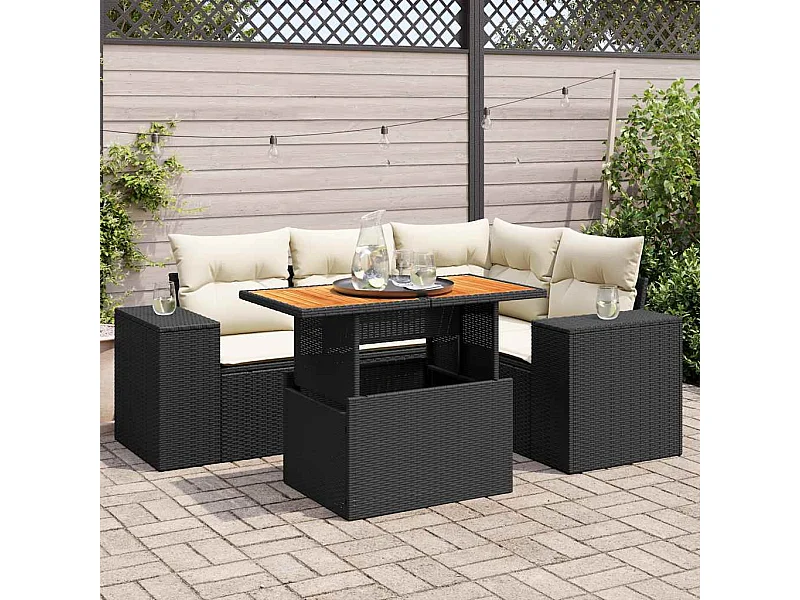 Salon de jardin 5 pcs avec coussins noir résine tressée