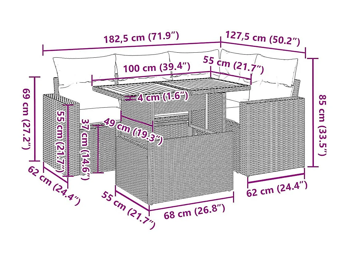 Salon de jardin 5 pcs avec coussins gris résine tressée