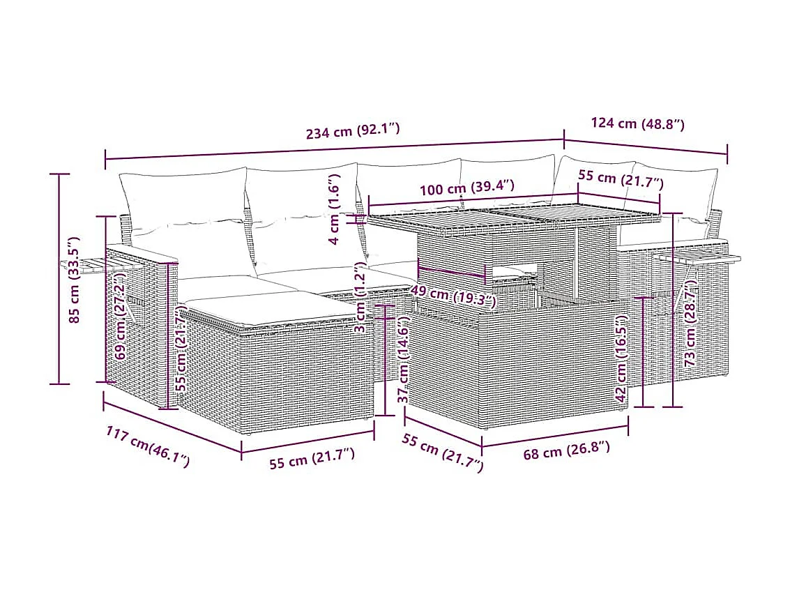 Set Divani da Giardino con Cuscini 7pz Nero Polyrattan Acacia