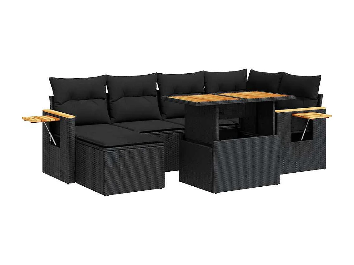 Salon de jardin avec coussins 7 pcs noir résine tressée acacia