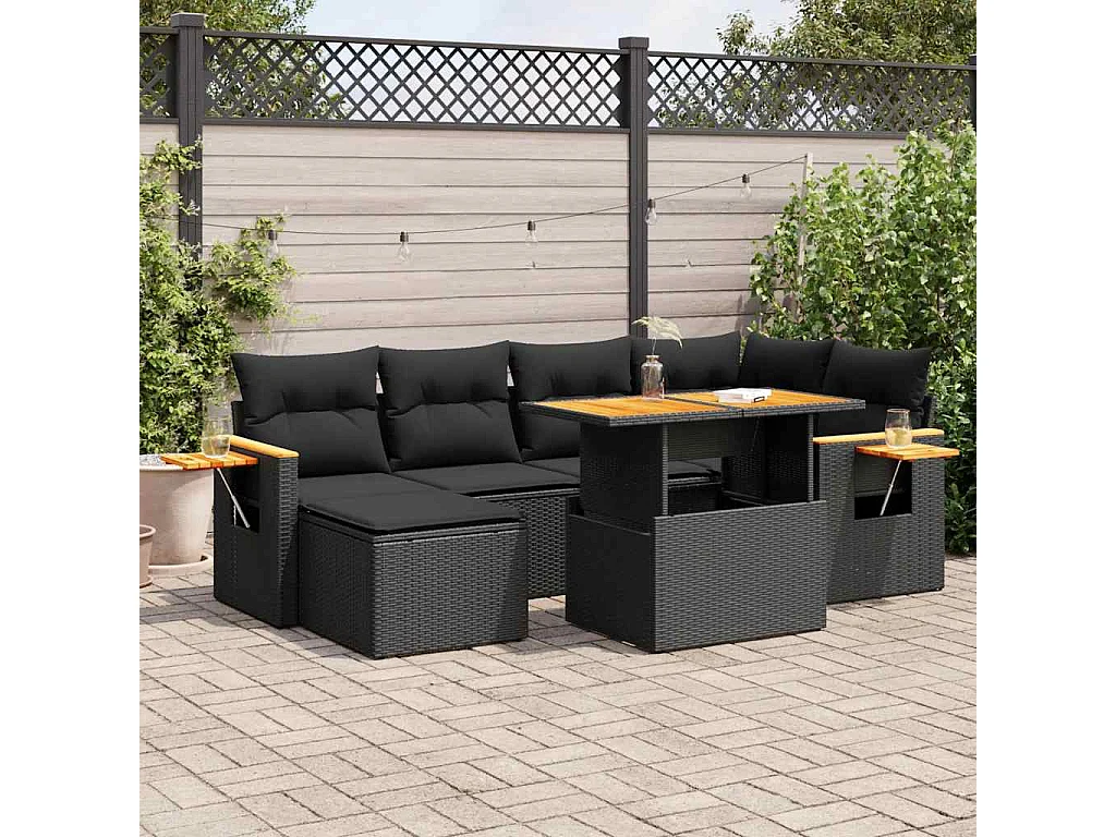 7-delige Loungeset met kussens poly rattan acacia zwart