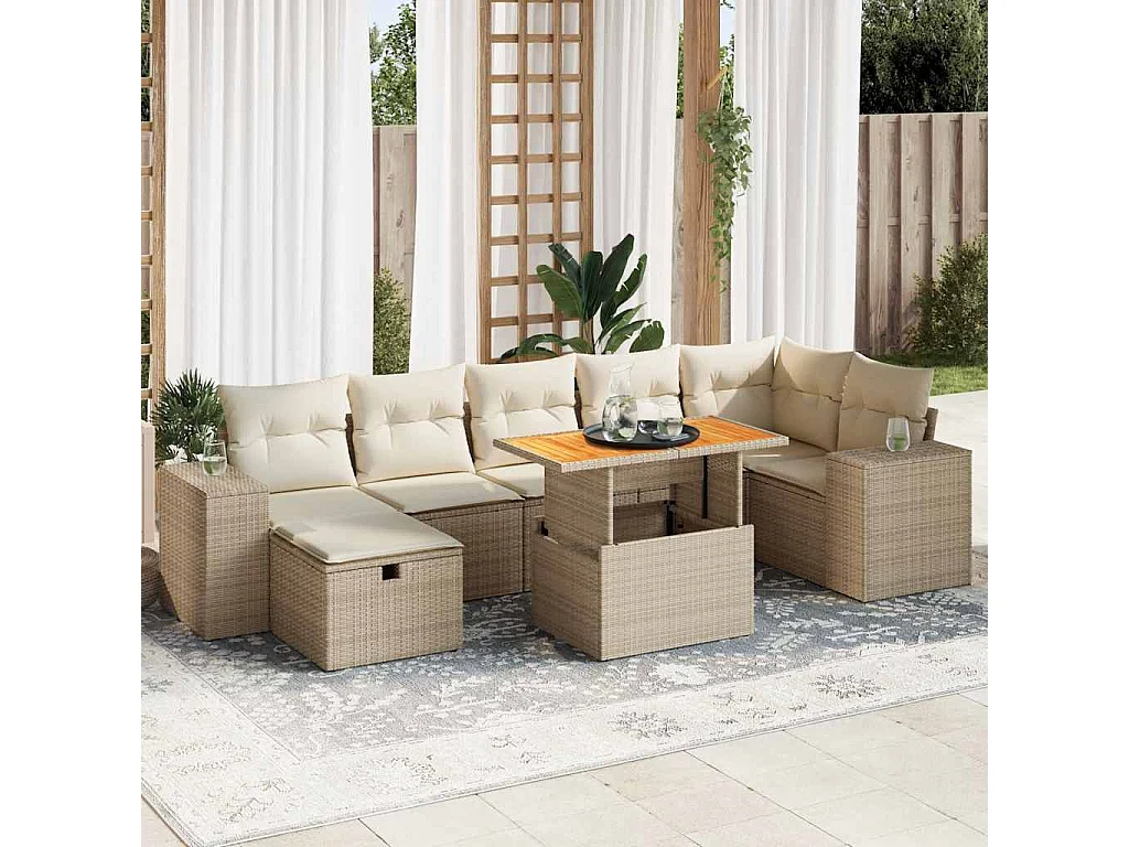 Salon de jardin avec coussins 5 pcs beige résine tressée acacia