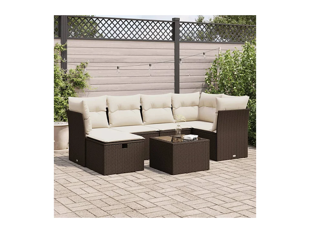 Salon de jardin avec coussins 7 pcs marron résine tressée