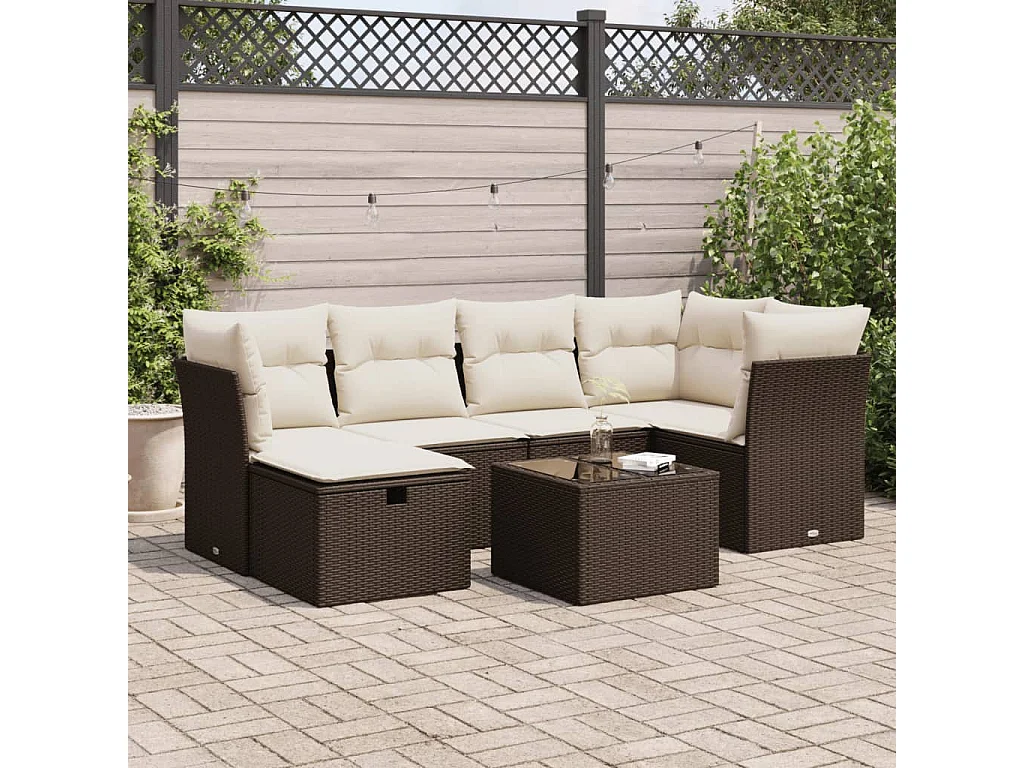 Salon de jardin avec coussins 7 pcs marron résine tressée