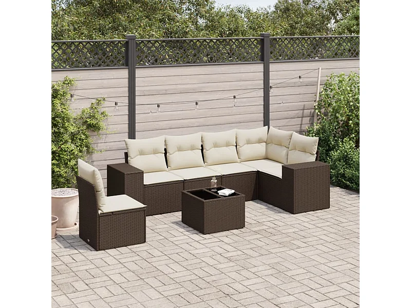 7-tlg. Garten-Sofagarnitur mit Kissen Braun Poly Rattan