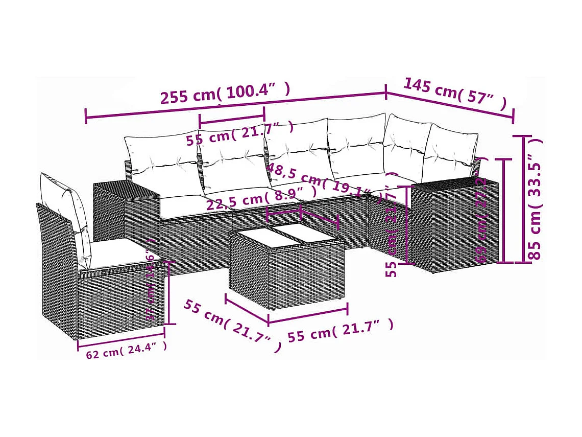 7-tlg. Garten-Sofagarnitur mit Kissen Braun Poly Rattan