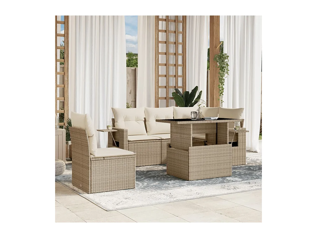 Salon de jardin avec coussins 6 pcs beige résine tressée