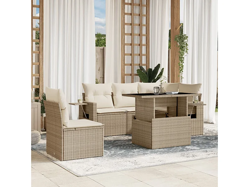 6-tlg. Garten-Sofagarnitur mit Kissen Beige Poly Rattan