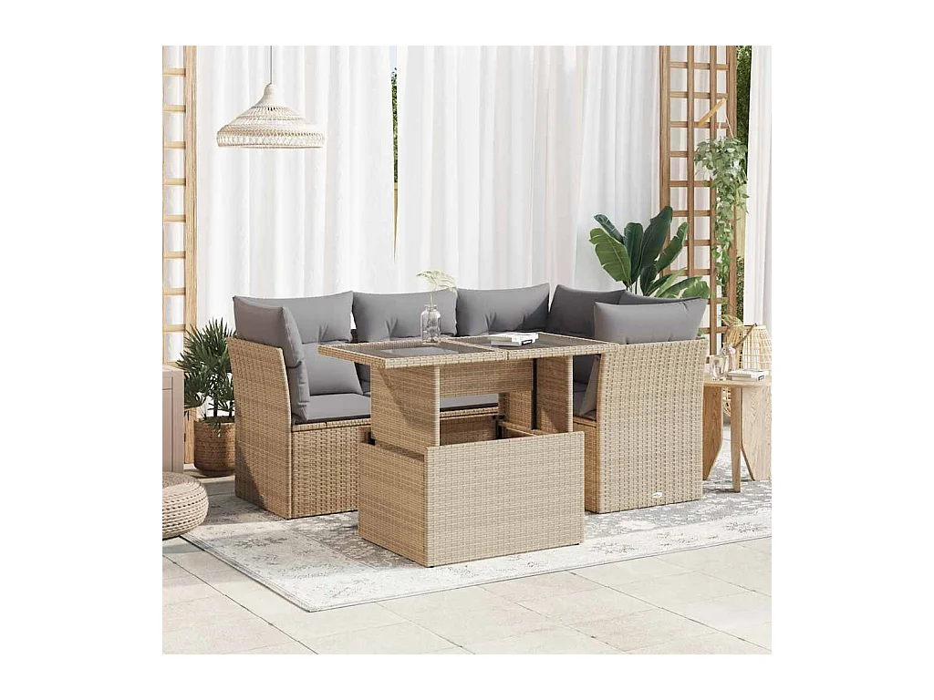 5 pcs conjunto de sofás p/ jardim com almofadões vime PE bege