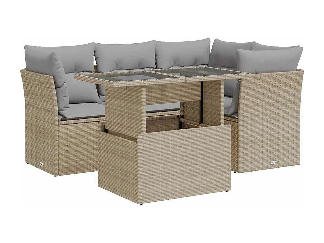 Set Divano da Giardino 5 pz con Cuscini Beige in Polyrattan