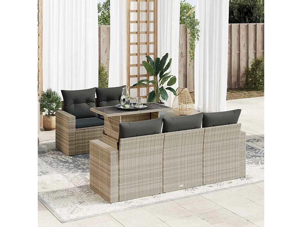 Salon de jardin 6 pcs avec coussins gris clair résine tressée
