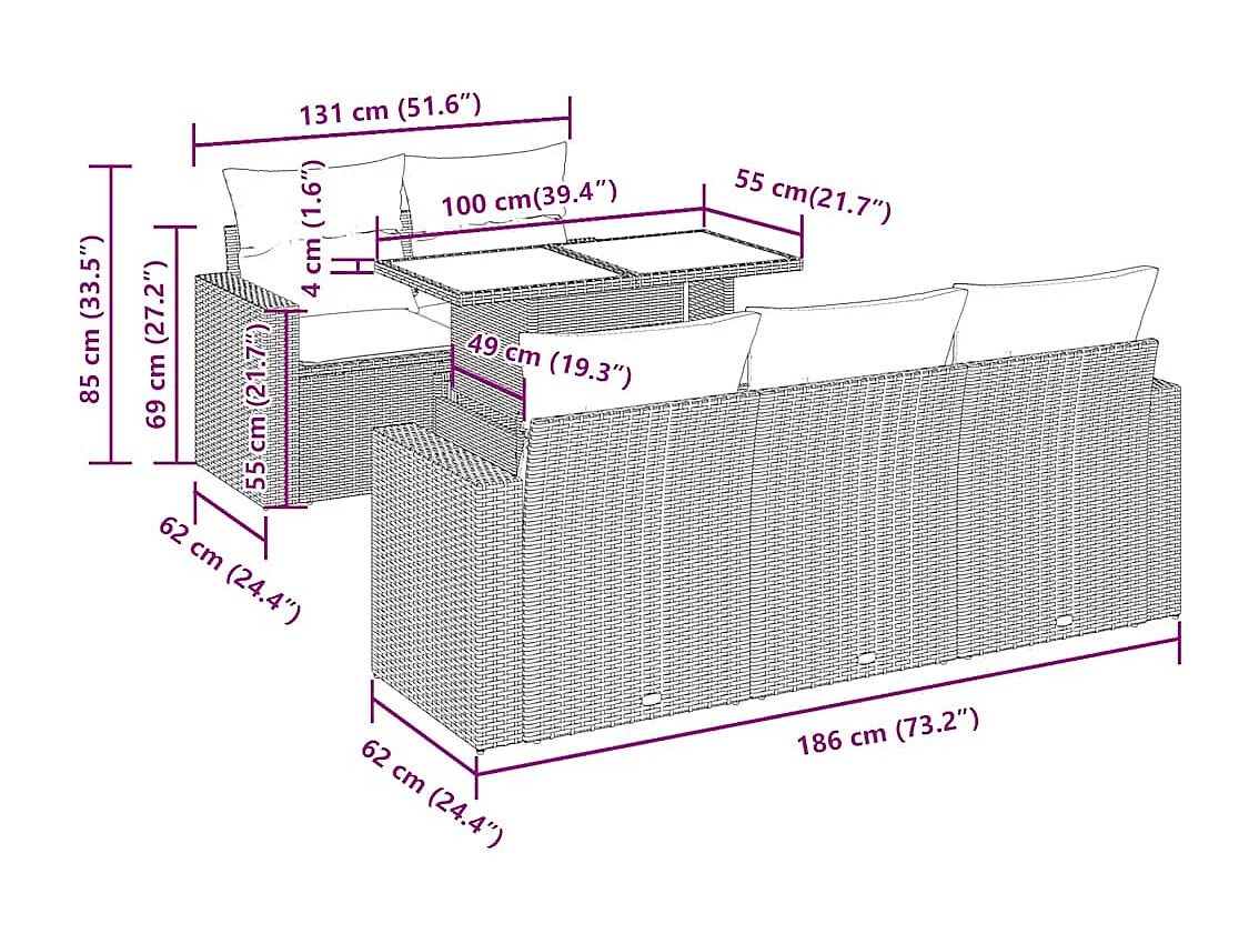 Salon de jardin 6 pcs avec coussins gris clair résine tressée