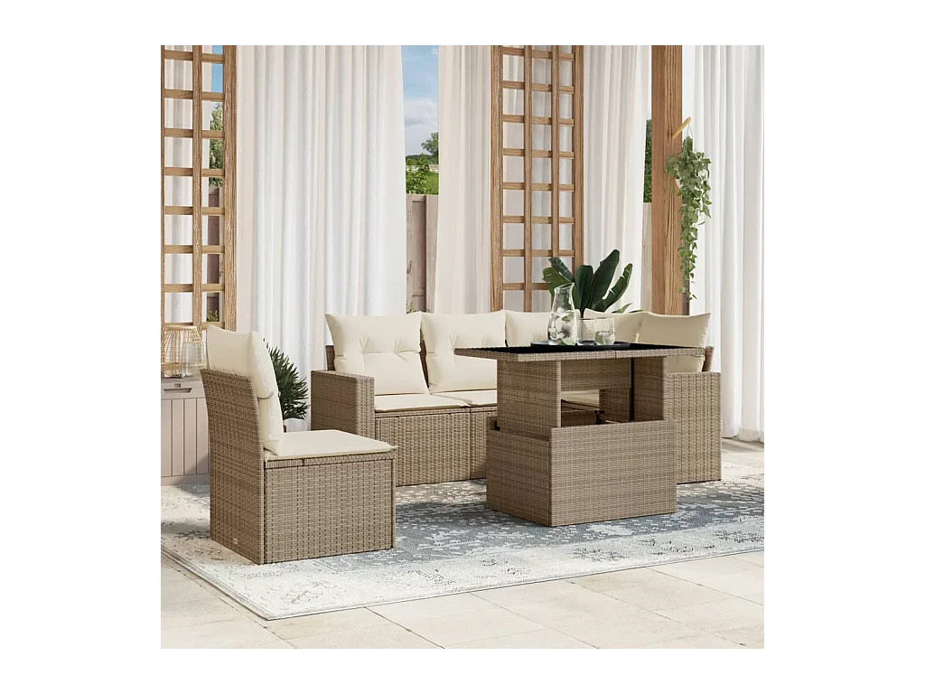 Salon de jardin avec coussins 6 pcs beige résine tressée