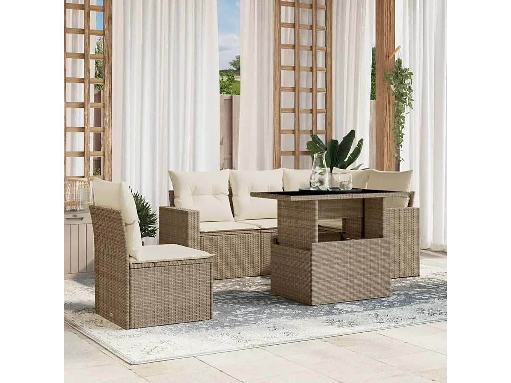 6-tlg. Garten-Sofagarnitur mit Kissen Beige Poly Rattan