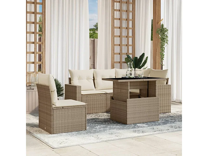 Set Divano da Giardino 6 pz con Cuscini Beige in Polyrattan