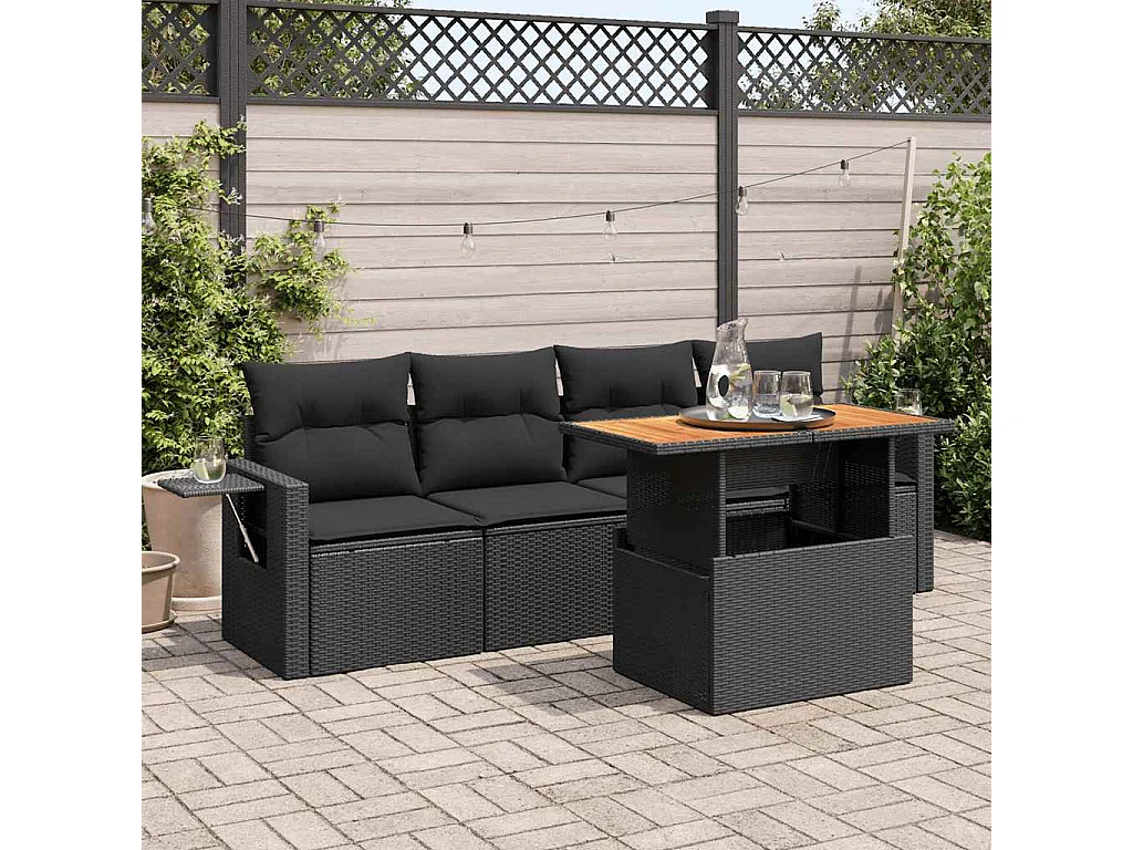 Salon de jardin 5 pcs avec coussins noir résine tressée