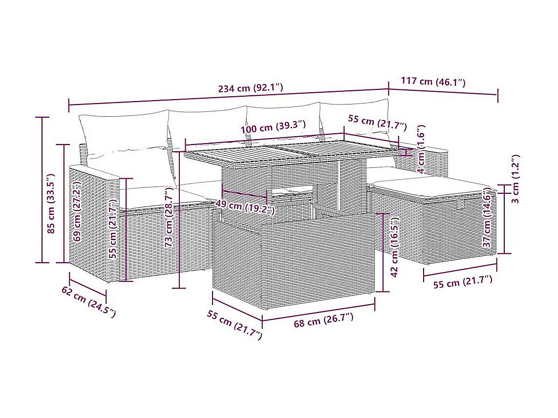 6 pcs conjunto de sofás p/ jardim com almofadões vime PE bege