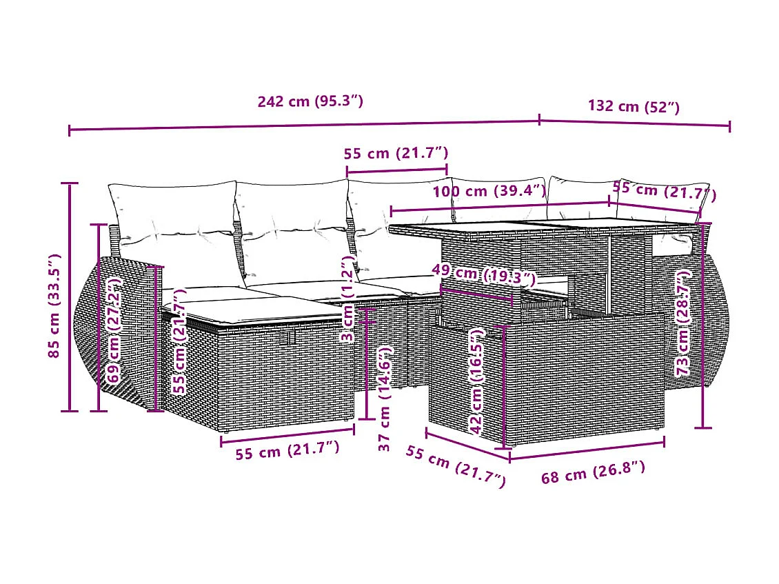 7-tlg. Garten-Sofagarnitur mit Kissen Beige Poly Rattan
