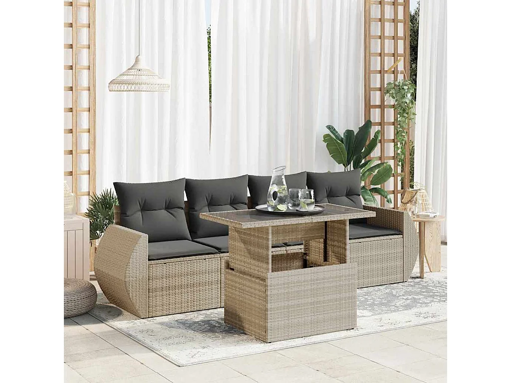 Salon de jardin 5 pcs avec coussins gris clair résine tressée