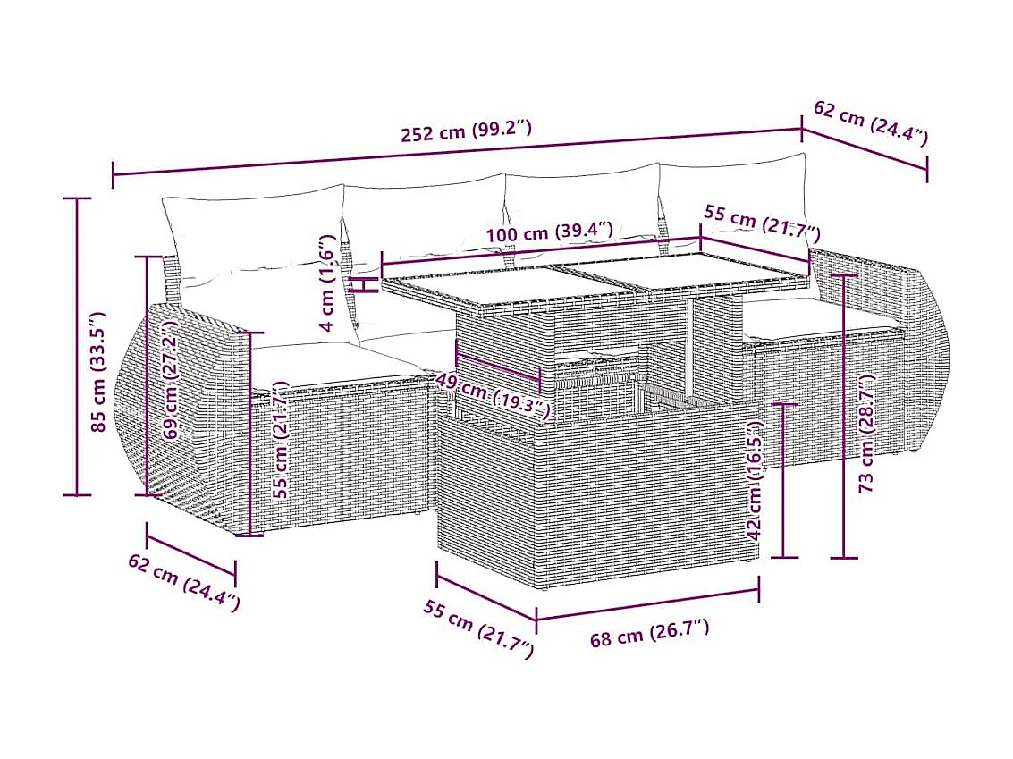 Salon de jardin 5 pcs avec coussins gris clair résine tressée