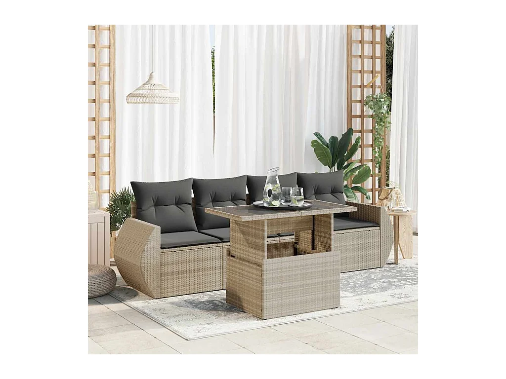 Set Divano da Giardino 5pz con Cuscini Grigio Chiaro Polyrattan