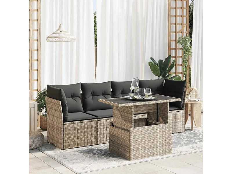 5 pcs conjunto sofás de jardim c/ almofadões vime PE cinzento