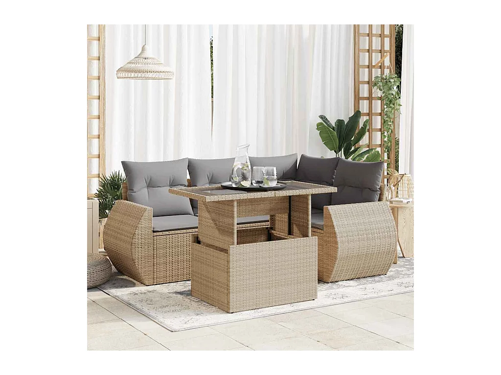 5 pcs conjunto de sofás p/ jardim com almofadões vime PE bege