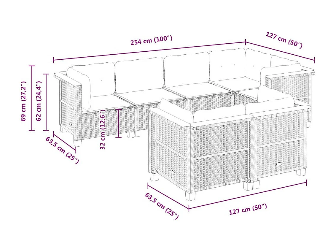Set Divani da Giardino 7 pz con Cuscini Beige in Polyrattan