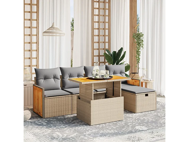 6-tlg. Garten-Sofagarnitur mit Kissen Beige Poly Rattan