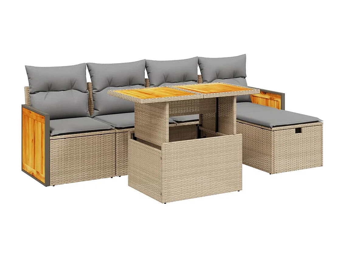 Set Divano da Giardino 6 pz con Cuscini Beige in Polyrattan
