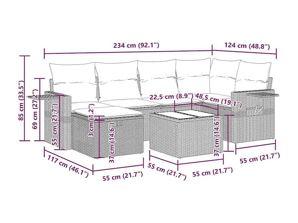 Salon de jardin avec coussins 7 pcs beige résine tressée