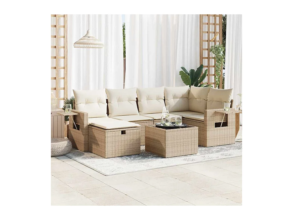 Set Divani da Giardino 7 pz con Cuscini Beige in Polyrattan