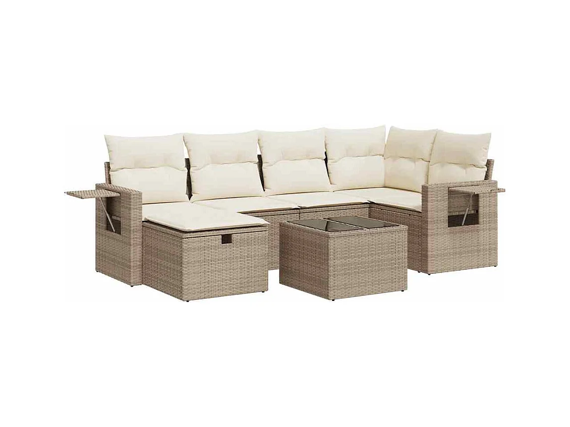 7-tlg. Garten-Sofagarnitur mit Kissen Beige Poly Rattan